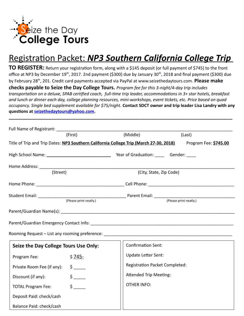 Registration Packet: NP3 Southern California College Trip