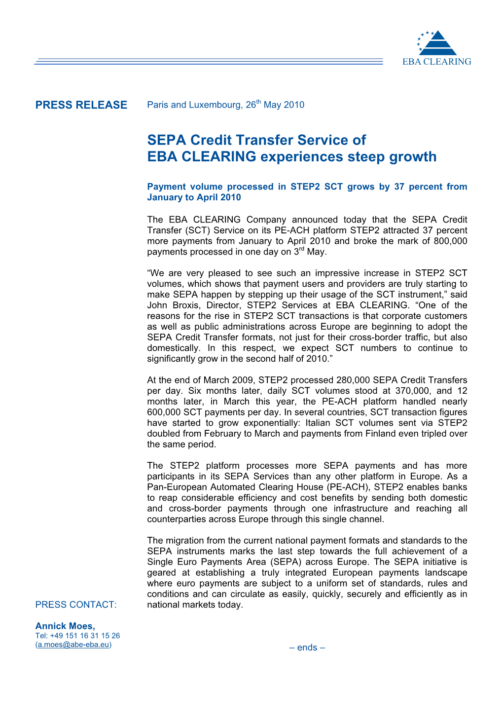 SEPA Credit Transfer Service of EBA CLEARING Experiences Steep Growth