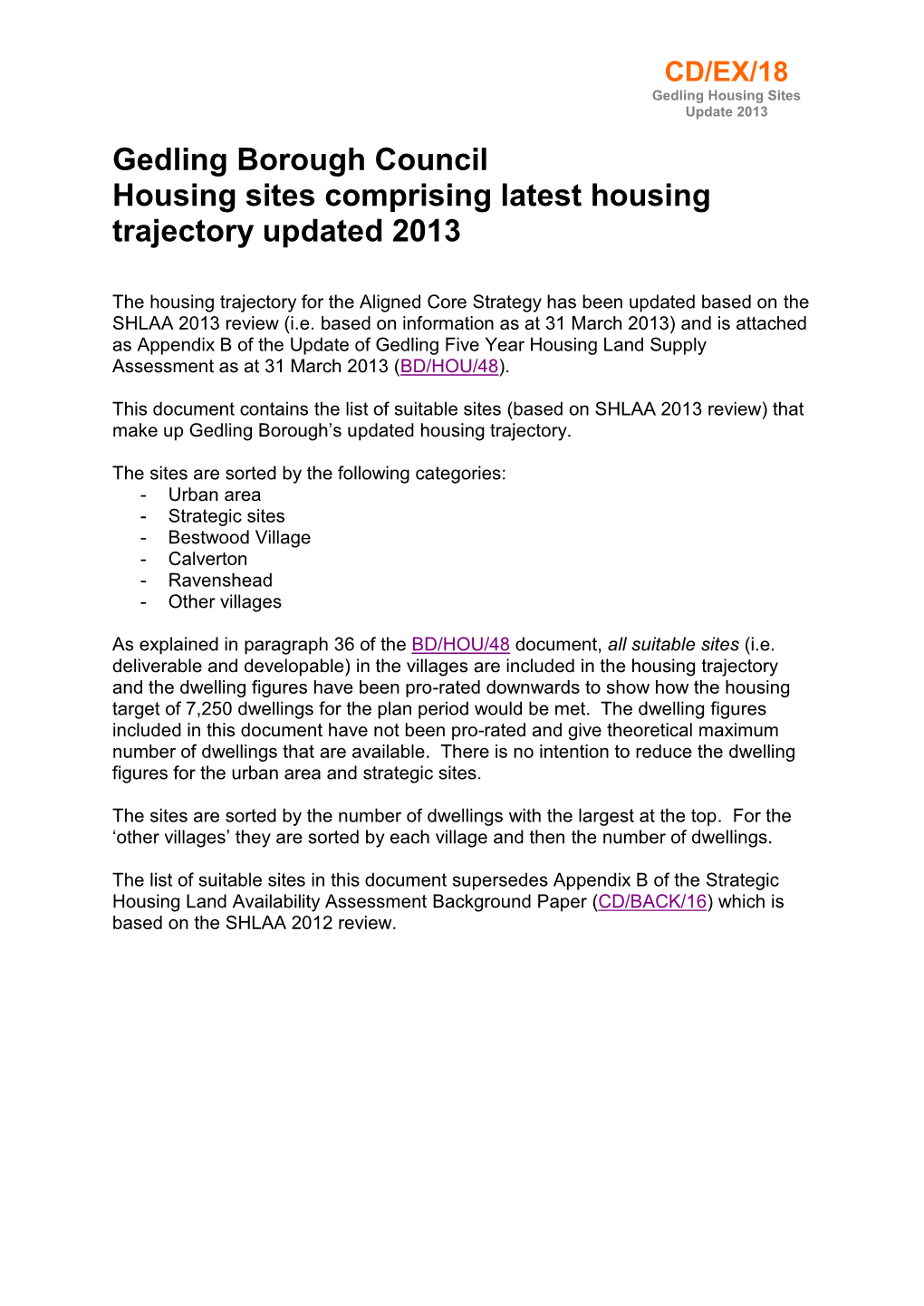 Gedling Borough Council Housing Sites Comprising Latest Housing Trajectory Updated 2013