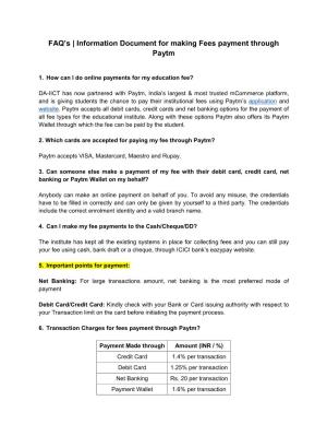 FAQ's | Information Document for Making Fees Payment Through Paytm