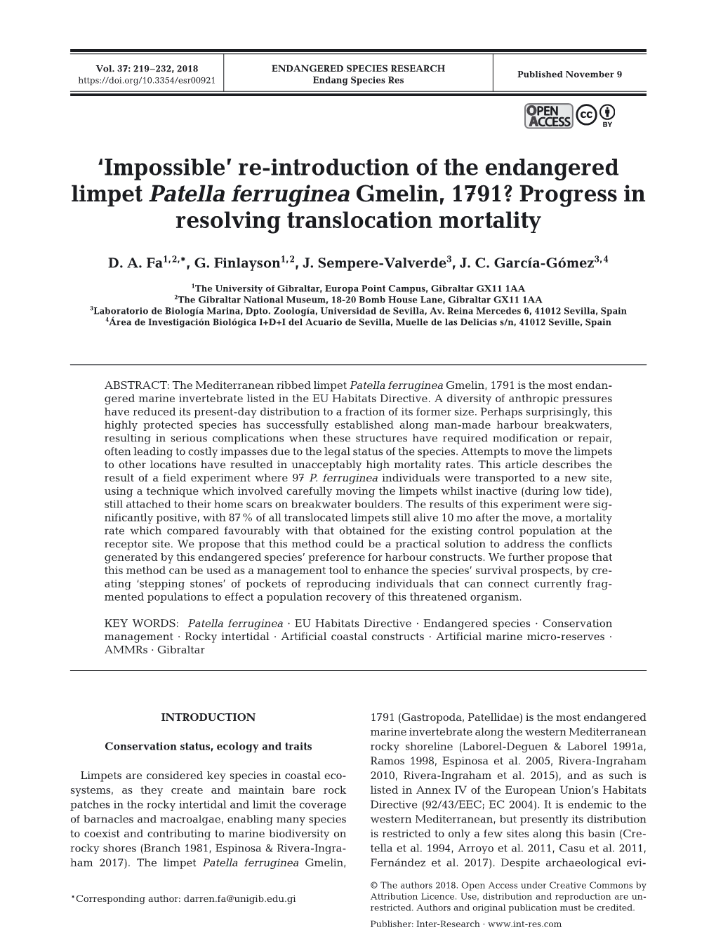 'Impossible're-Introduction of the Endangered Limpet Patella Ferruginea Gmelin, 1791? Progress in Resolving Translocation Mortality