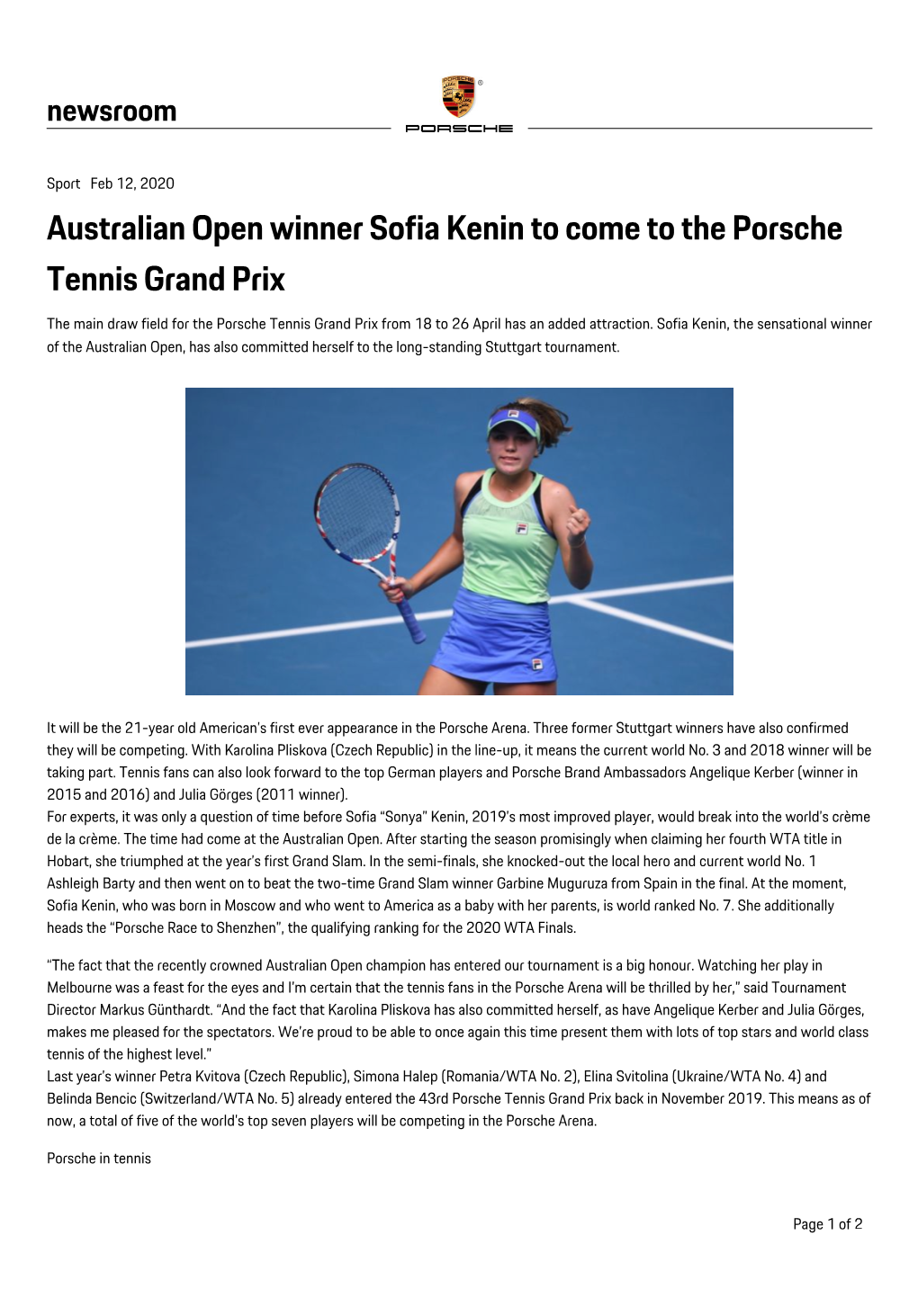 Australian Open Winner Sofia Kenin to Come to the Porsche Tennis Grand Prix, Press Release, 2020, Porsche AG