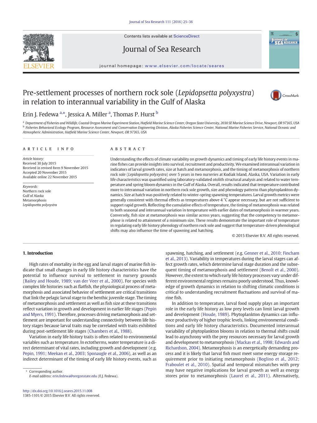 Pre-Settlement Processes of Northern Rock Sole (Lepidopsetta Polyxystra) in Relation to Interannual Variability in the Gulf of Alaska