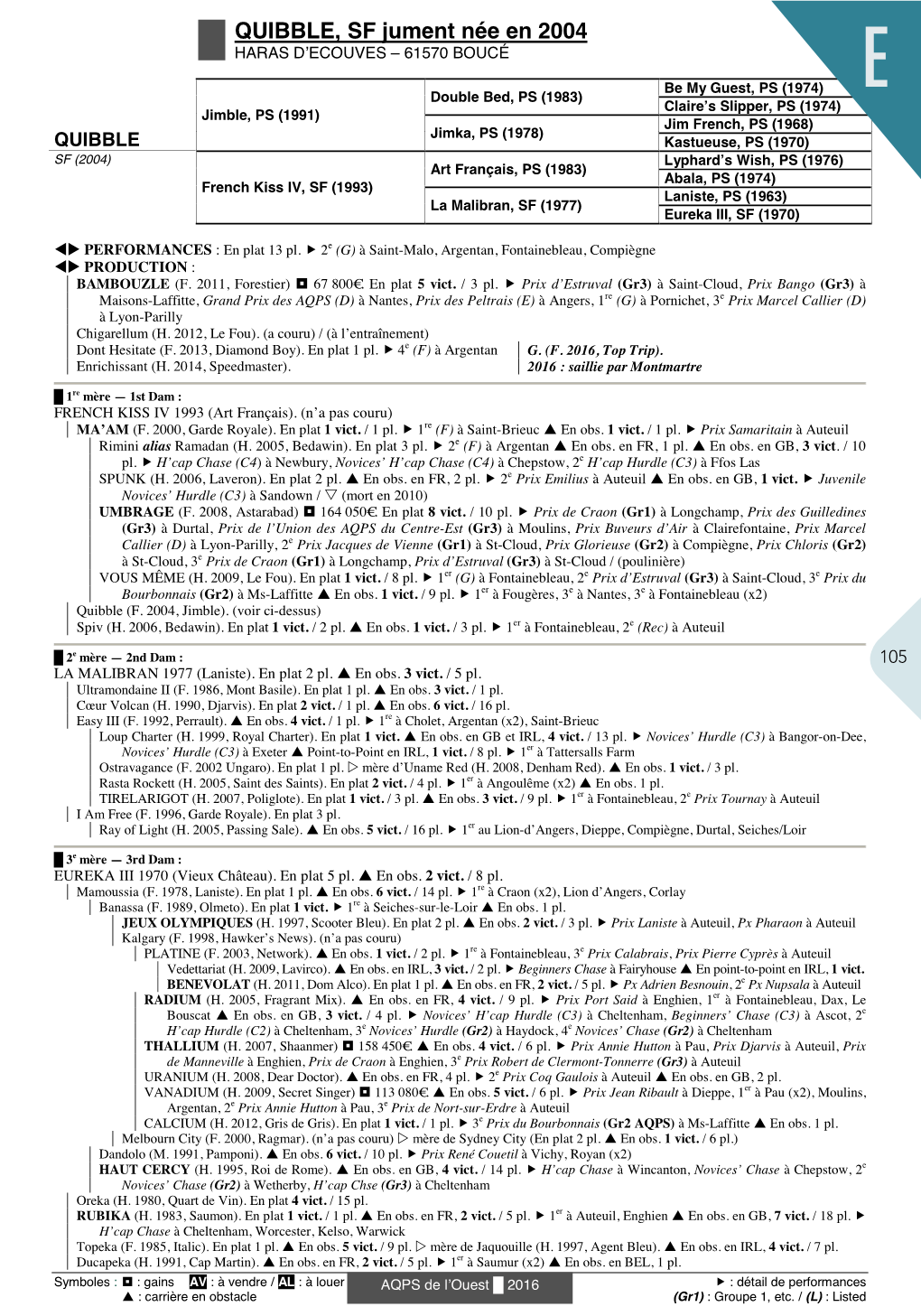 QUIBBLE, SF Jument Née En 2004 HARAS DʼECOUVES – 61570 BOUCÉ