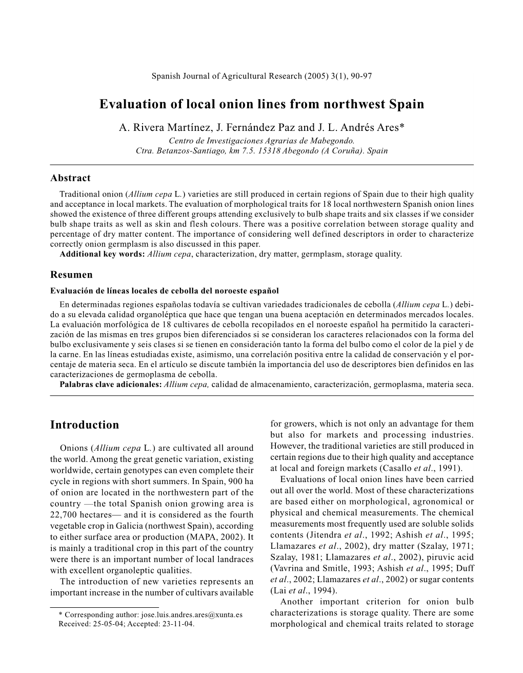 Evaluation of Local Onion Lines from Northwest Spain A