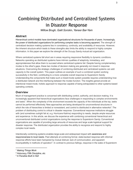 Combining Distributed and Centralized Systems in Disaster Response Willow Brugh, Galit Sorokin, Yaneer Bar-Yam