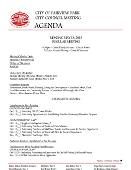 Monday, May 18, 2015 Regular Meeting