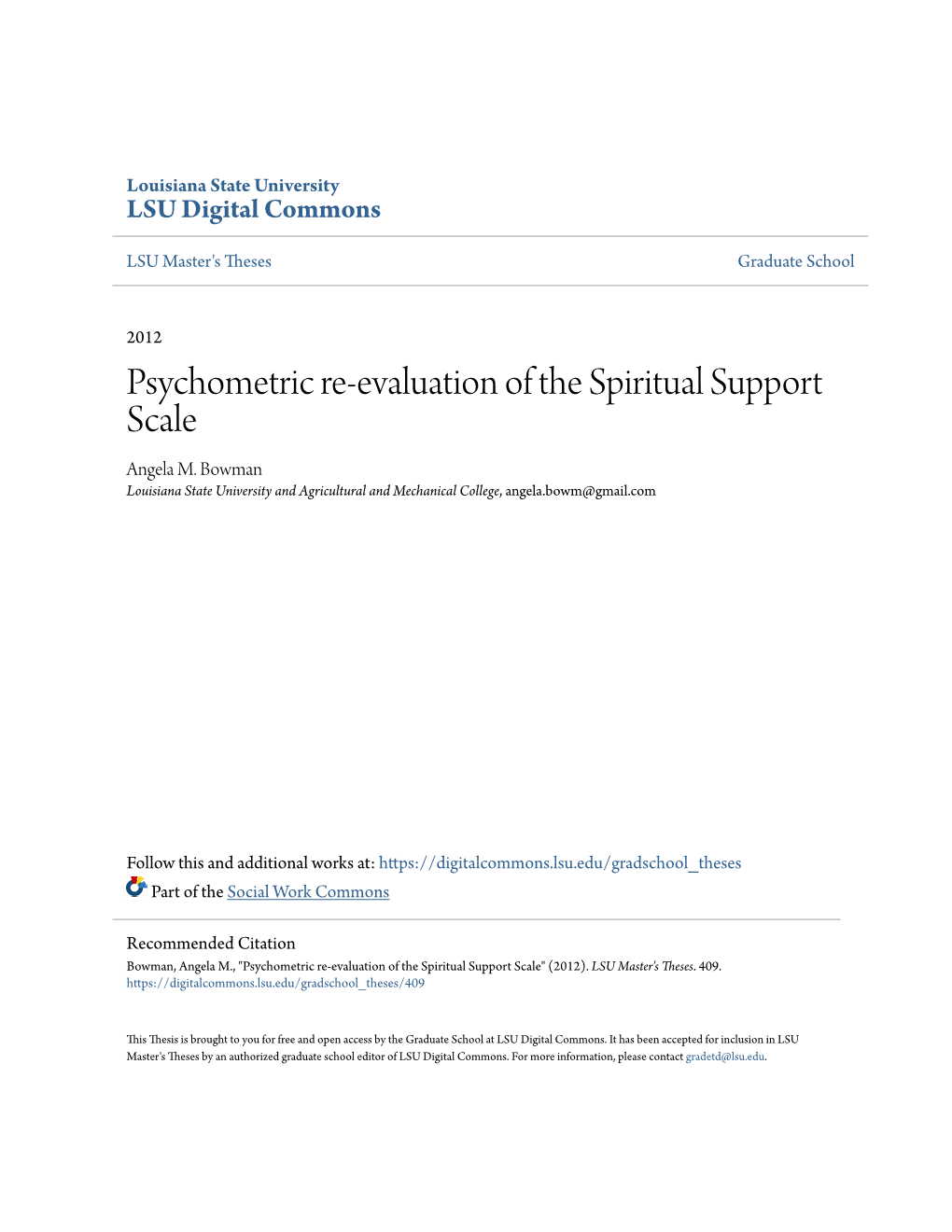 Psychometric Re-Evaluation of the Spiritual Support Scale Angela M