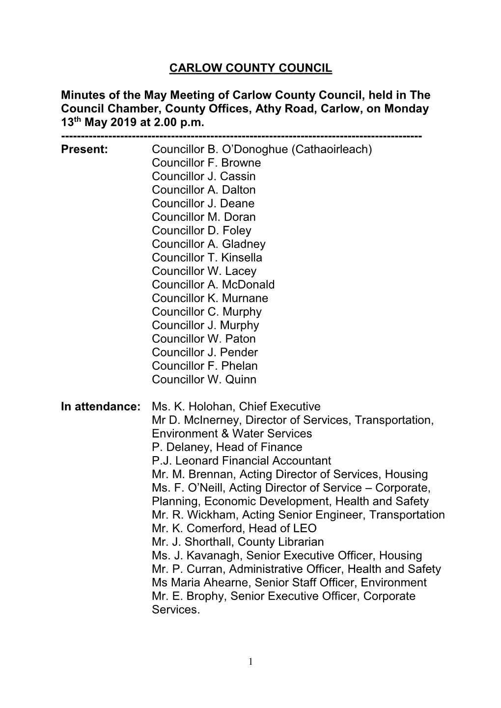 CARLOW COUNTY COUNCIL Minutes of the May Meeting Of