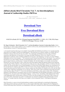 [Pdf Free] Brief Chronicles Vol. 7: an Interdisciplinary Journal of Authorship Studies Online