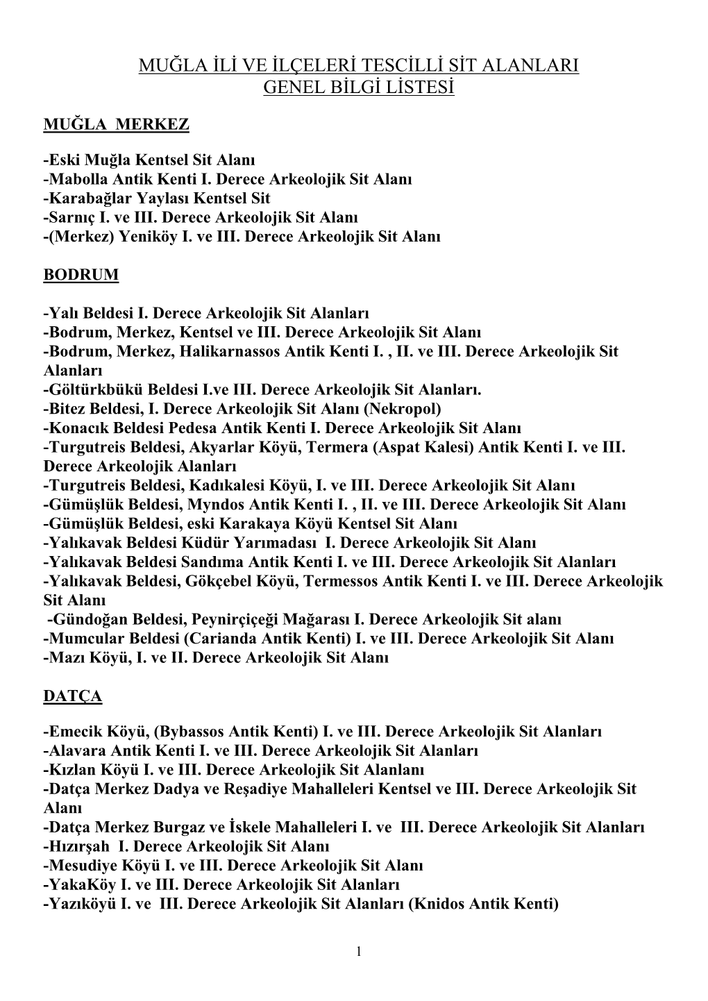 Muğla Ili Ve Ilçeleri Tescilli Sit Alanları Genel Bilgi Listesi