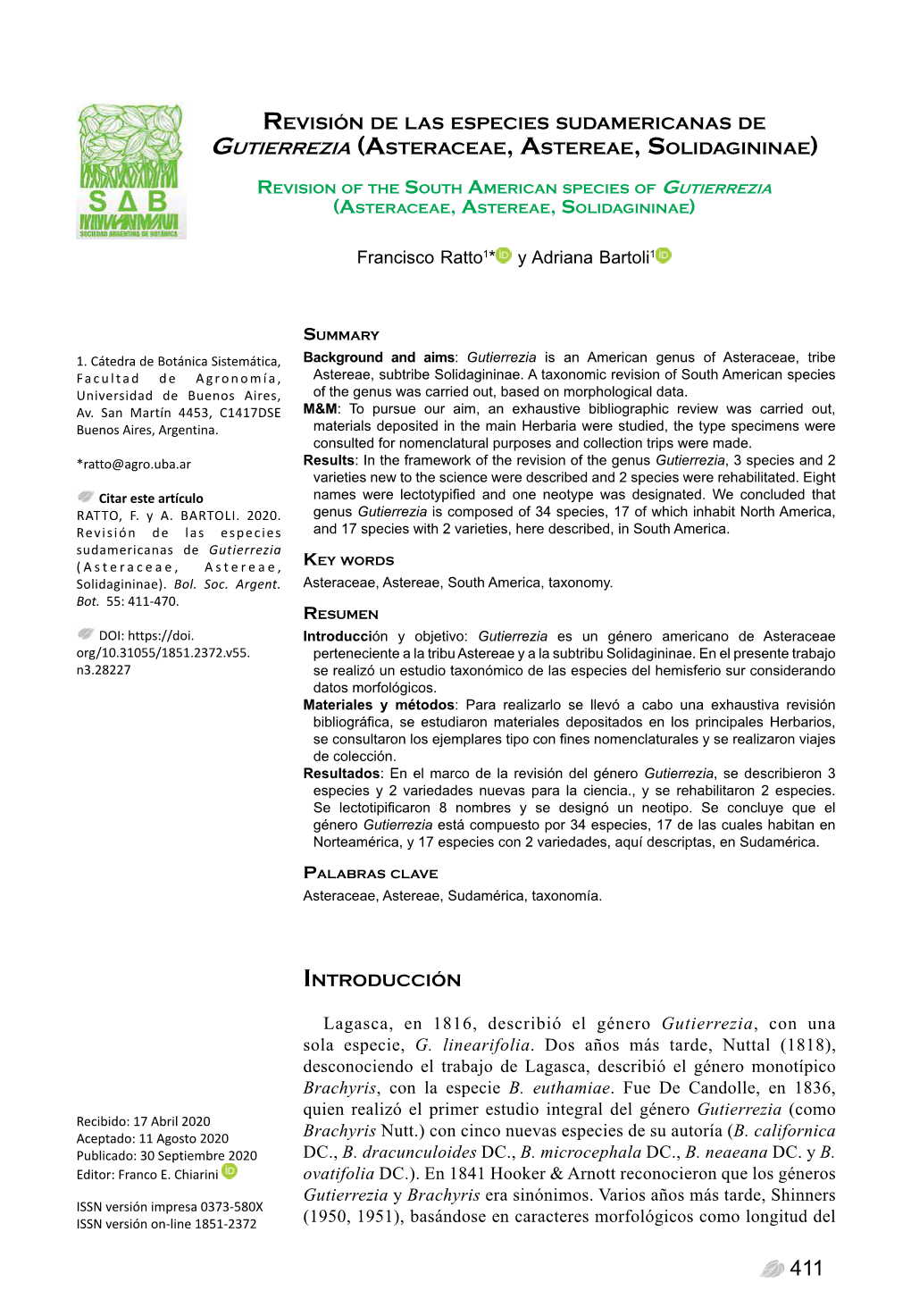 F. Ratto Y A. Bartoli - Revisión De Gutierrezia Revisión De Las Especies Sudamericanas De Gutierrezia (Asteraceae, Astereae, Solidagininae)