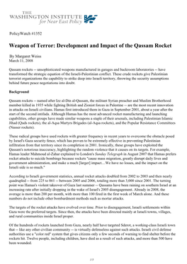 Weapon of Terror: Development and Impact of the Qassam Rocket