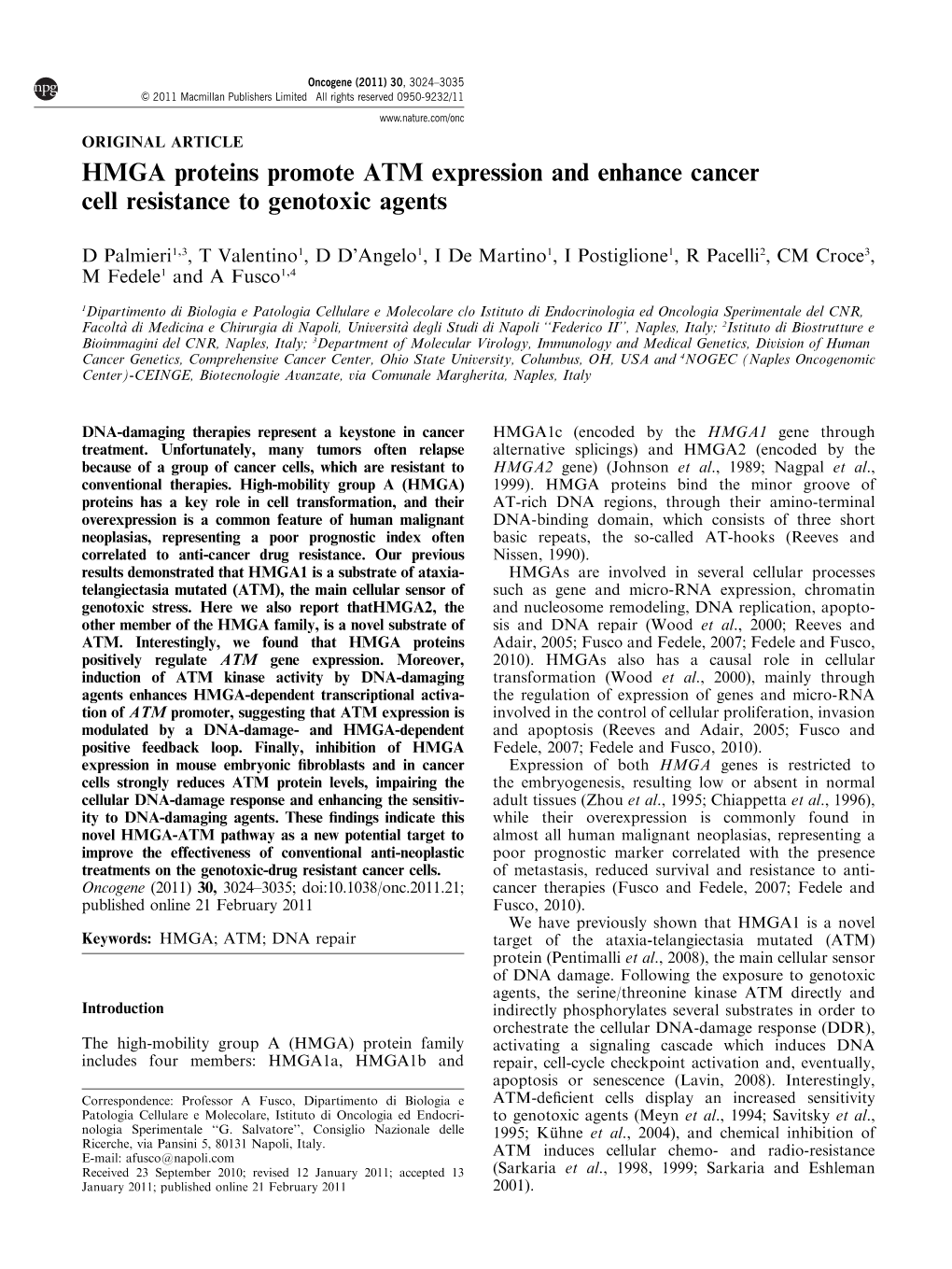 HMGA Proteins Promote ATM Expression and Enhance Cancer Cell Resistance to Genotoxic Agents