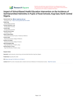 Impact of School-Based Health Education Intervention on the Incidence of Soil-Transmitted Helminths in Pupils of Rural Schools, Kogi East, North Central Nigeria