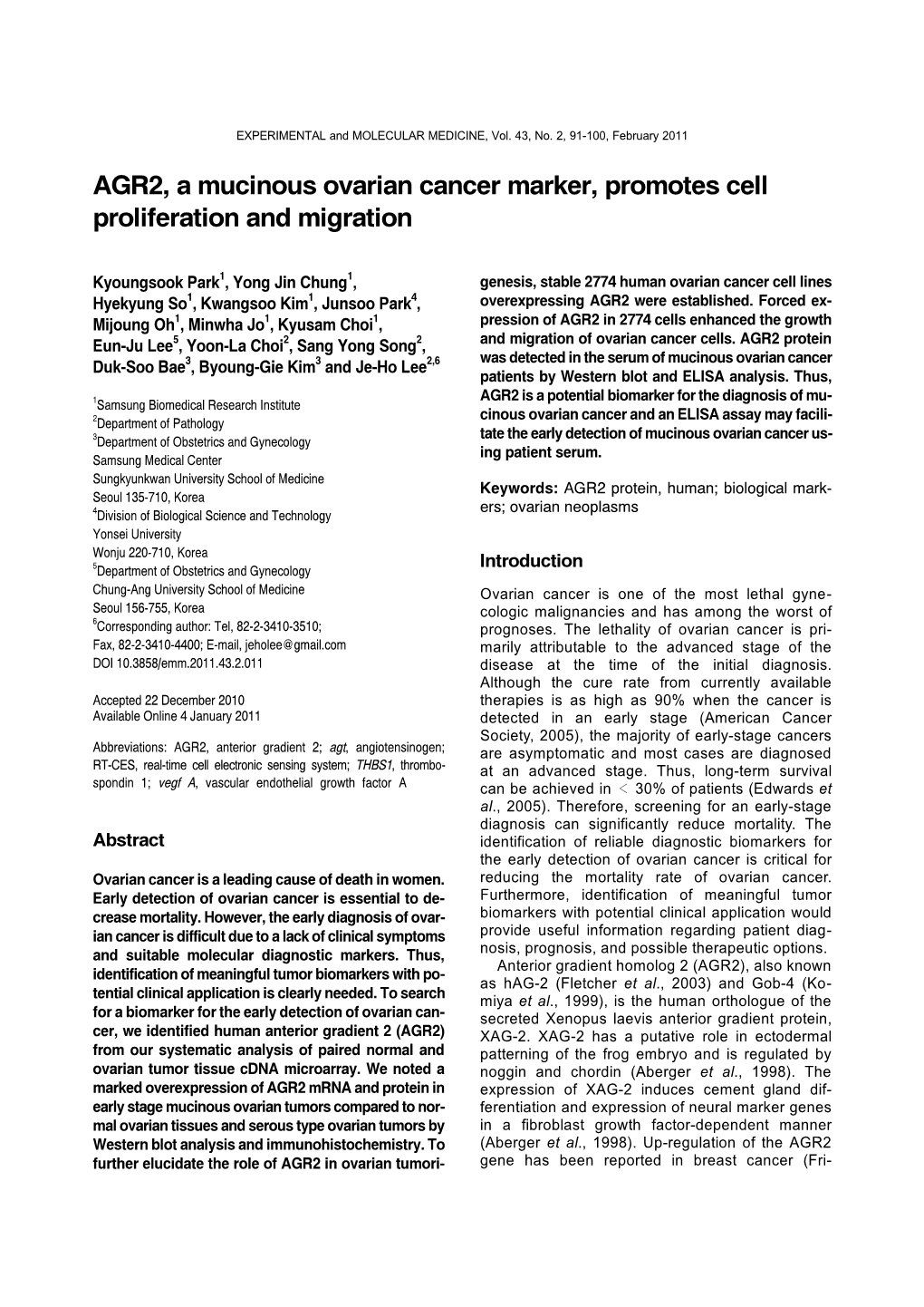 AGR2, a Mucinous Ovarian Cancer Marker, Promotes Cell Proliferation and Migration