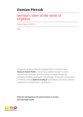 Damian Pierzak Servius's View of the Myth of Orpheus