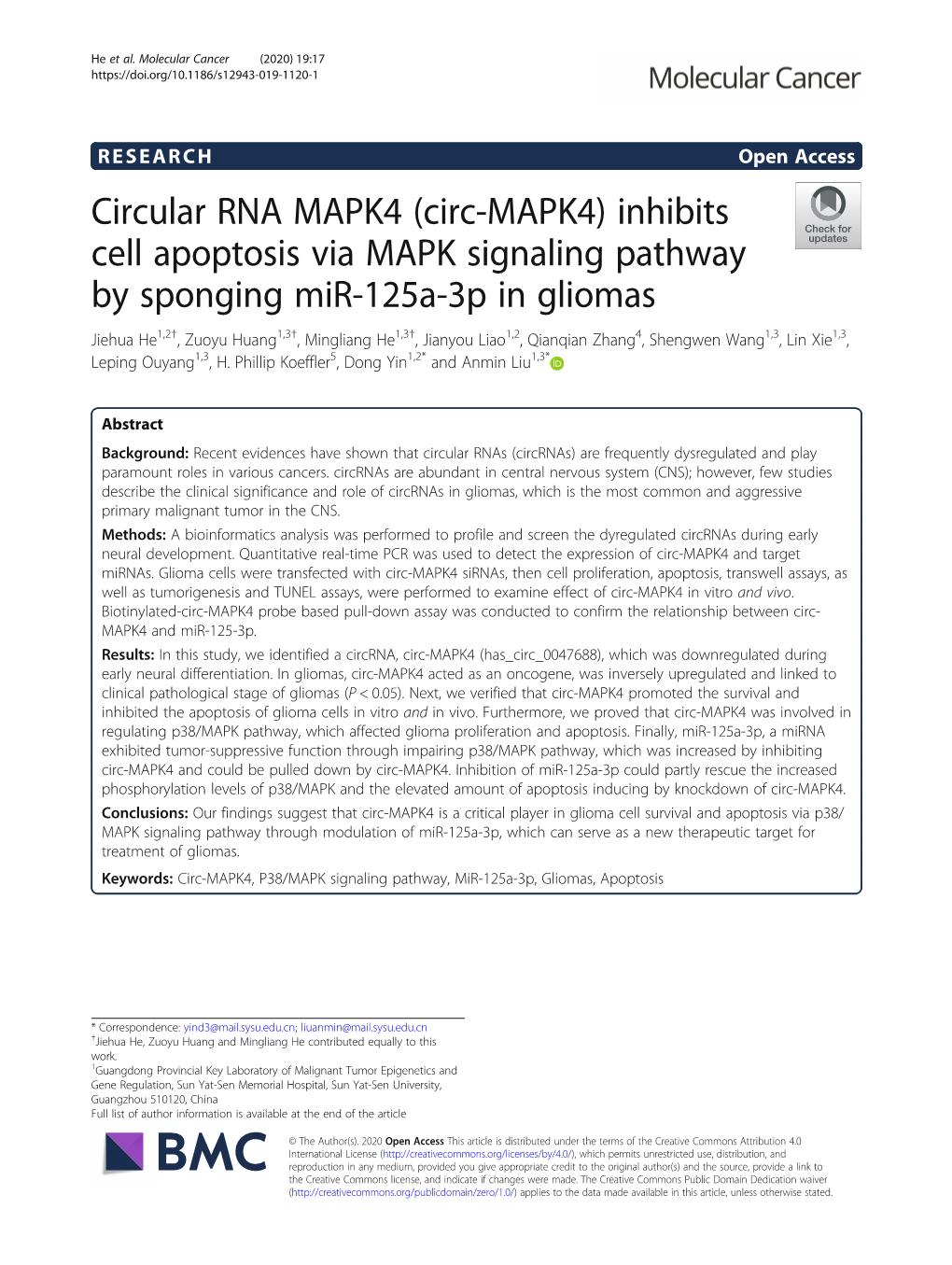 (Circ-MAPK4) Inhibits Cell Apoptosis Via MAPK Signaling Pathway by Sponging Mir-125A-3P in Gliomas