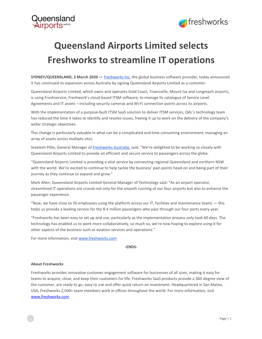 Queensland Airports Limited Selects Freshworks to Streamline IT Operations