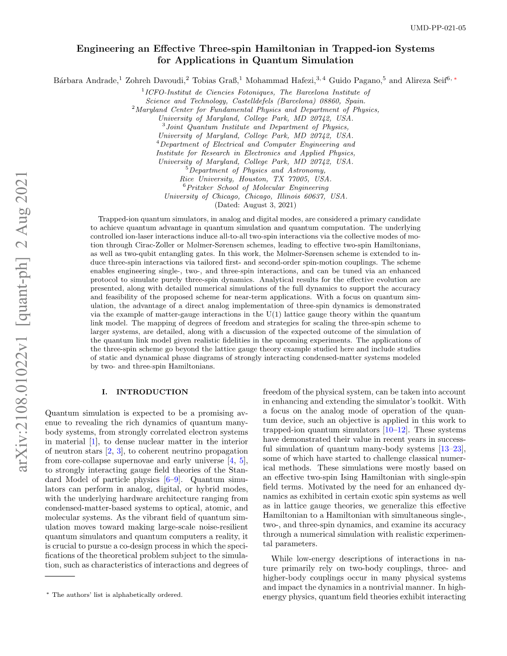 Arxiv:2108.01022V1 [Quant-Ph] 2 Aug 2021 to Strongly Interacting Gauge ﬁeld Theories of the Stan- Dard Model of Particle Physics [6–9]