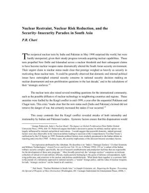 Nuclear Restraint, Nuclear Risk Reduction, and the Security–Insecurity Paradox in South Asia