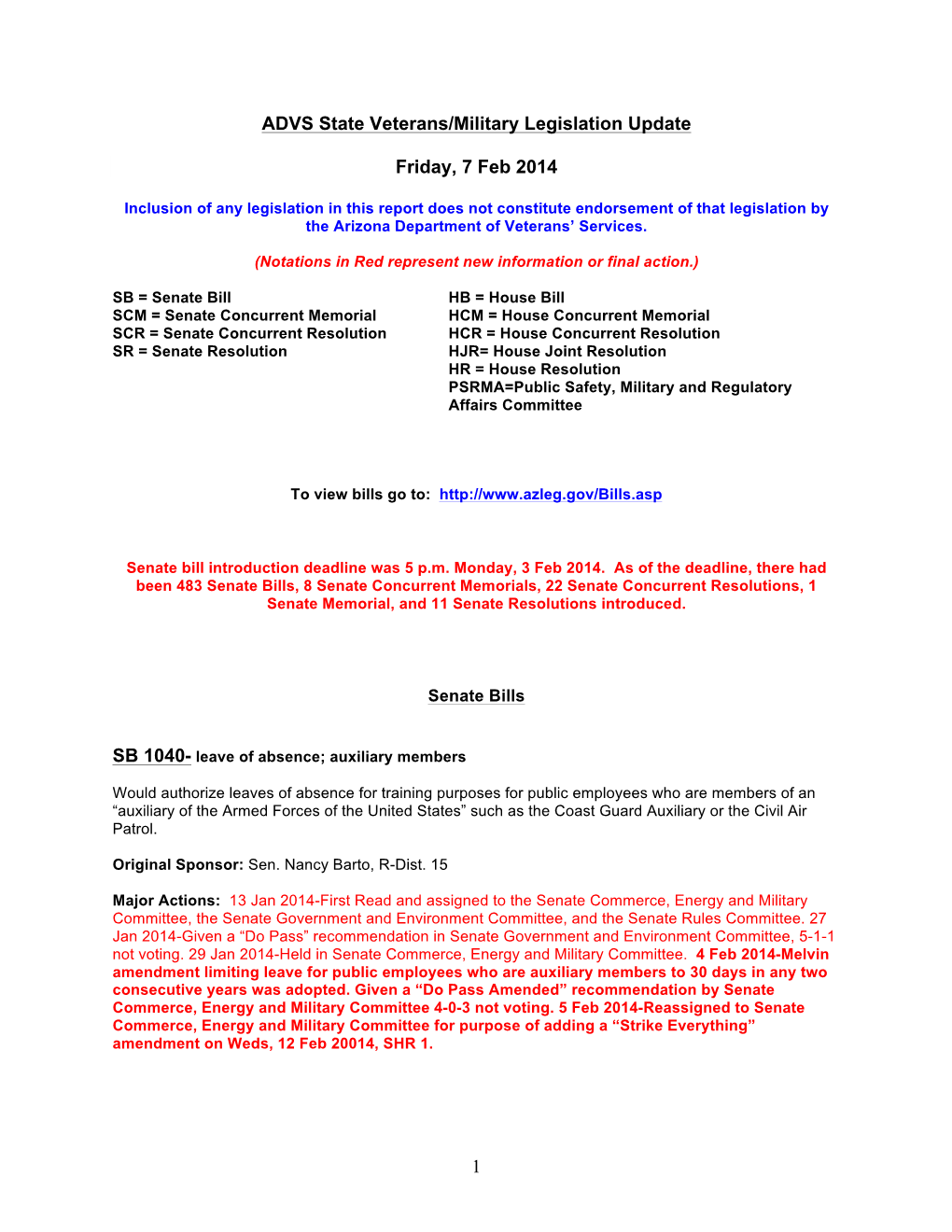 1 ADVS State Veterans/Military Legislation Update Friday, 7 Feb