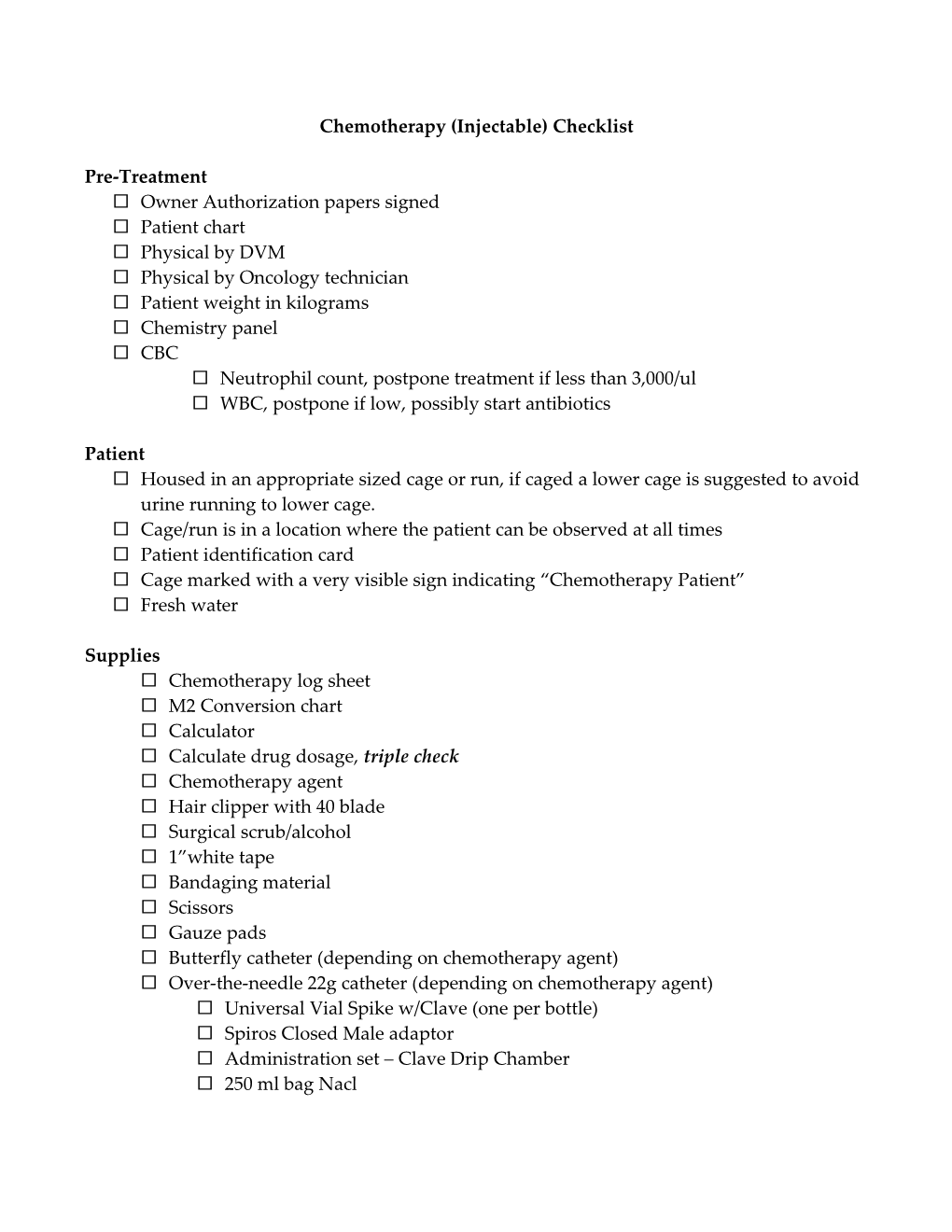 Chemotherapy (Injectable) Checklist