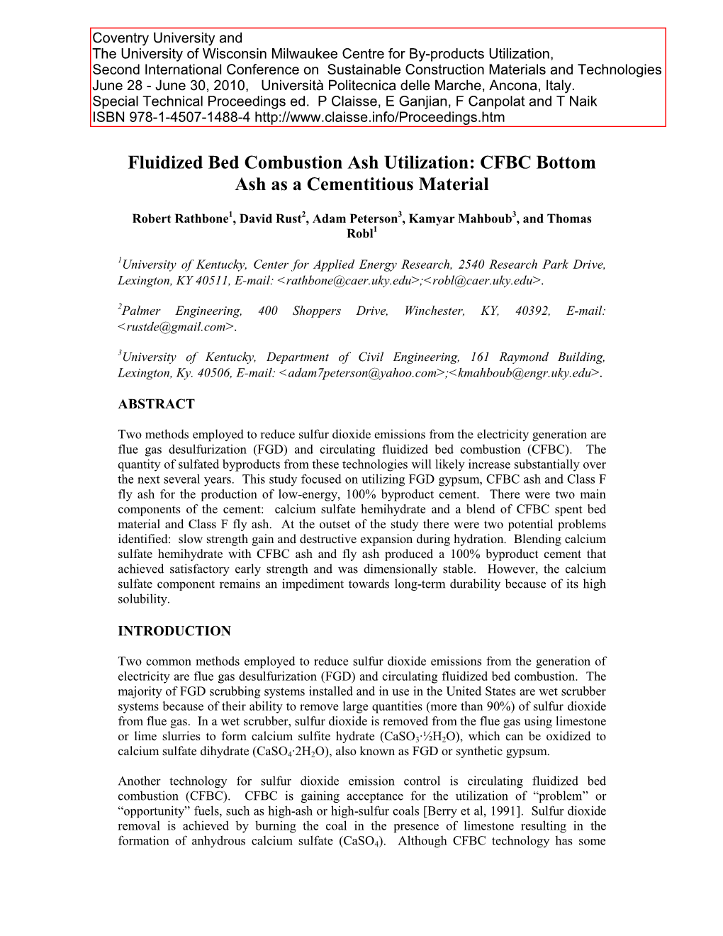 Fluidized Bed Combustion Ash Utilization: CFBC Bottom Ash As a Cementitious Material