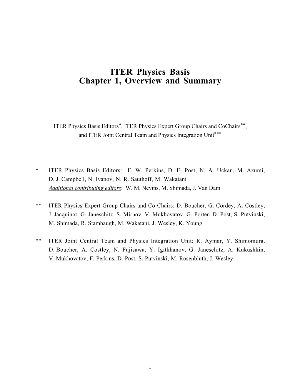 ITER Physics Basis Chapter 1, Overview and Summary