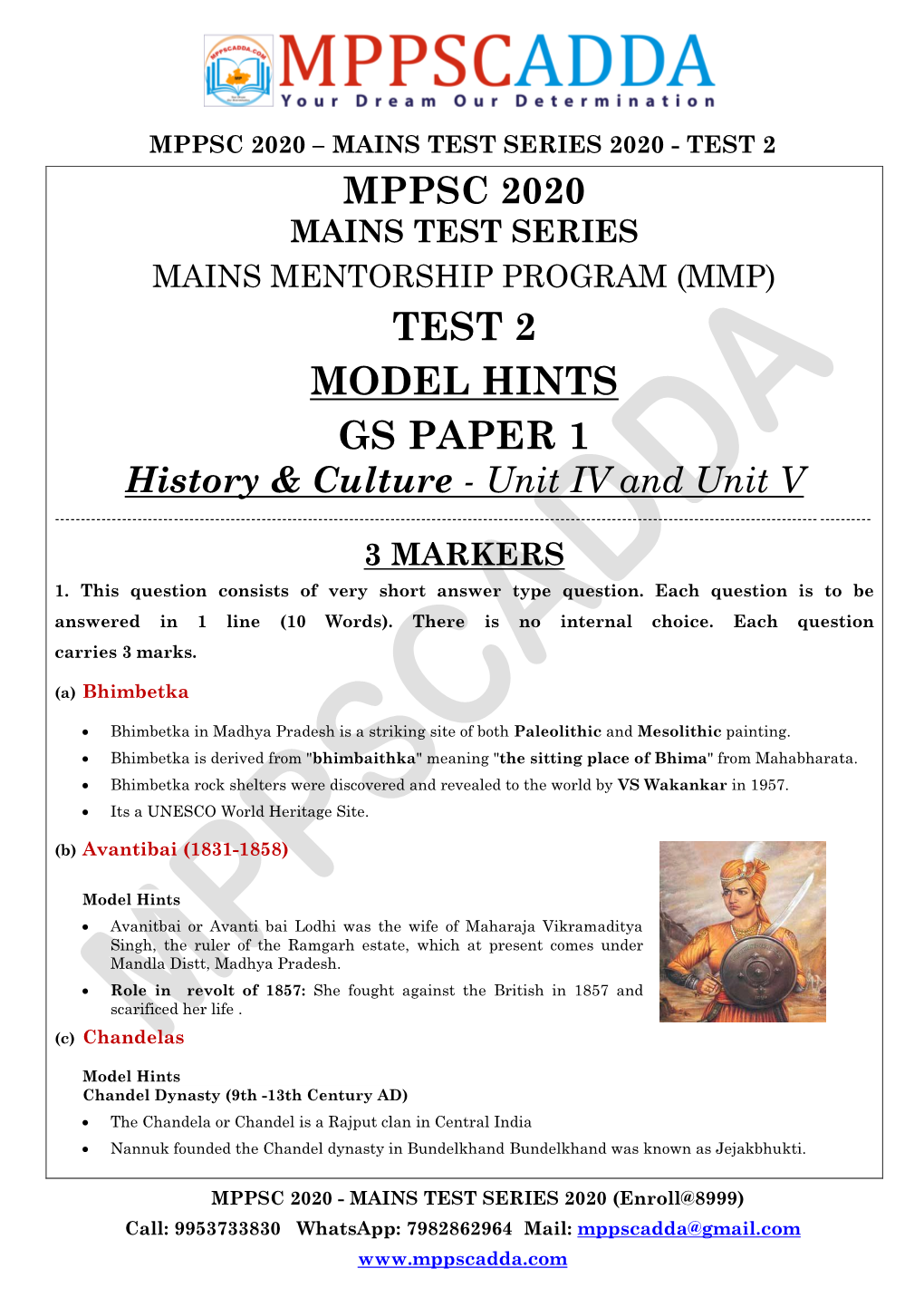TEST 2 MODEL HINTS GS PAPER 1 History & Culture - Unit IV and Unit V ------3 MARKERS 1