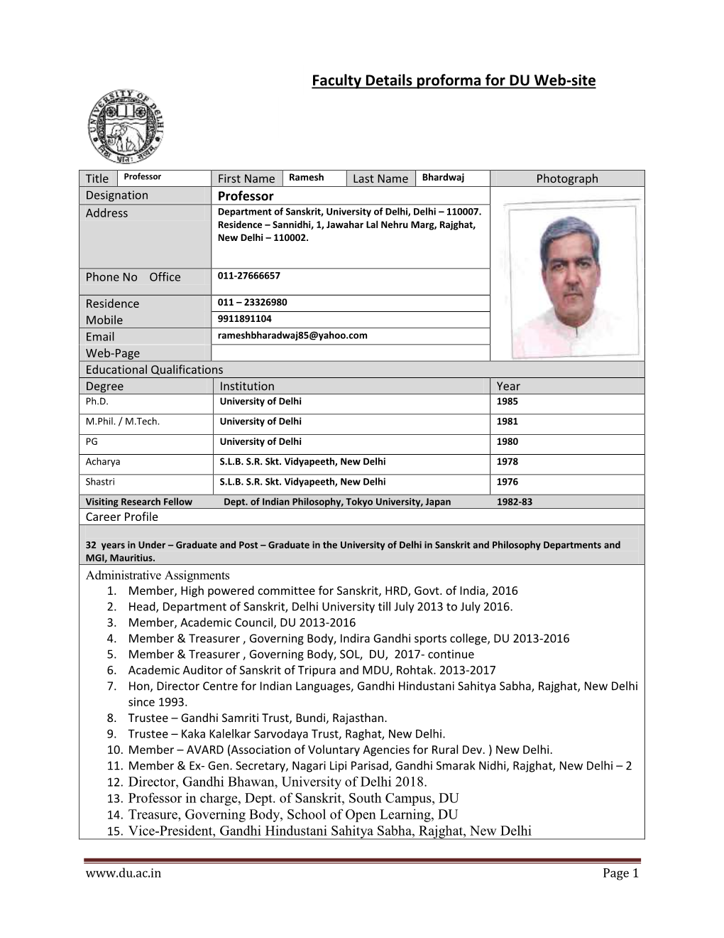 Faculty Details Proforma for DU Web-Site