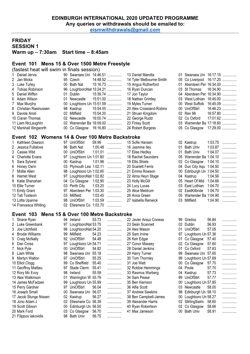 EDINBURGH INTERNATIONAL 2020 UPDATED PROGRAMME Any Queries Or Withdrawals Should Be Emailed To: Eismwithdrawals@Gmail.Com