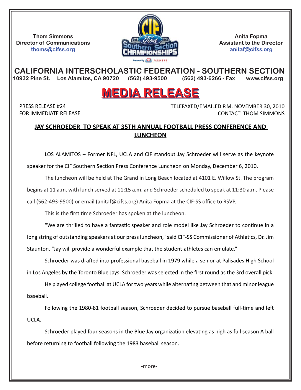 Media Release California Interscholastic Federation