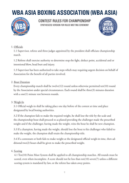 Wba Asia Boxing Association (Wba Asia) Contest Rules for Championship Synthesized Version for Rules Meeting Ceremony