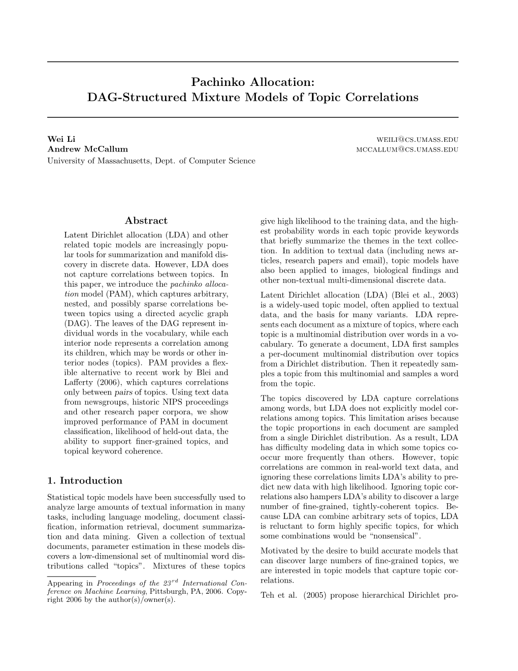 Pachinko Allocation: DAG-Structured Mixture Models of Topic Correlations