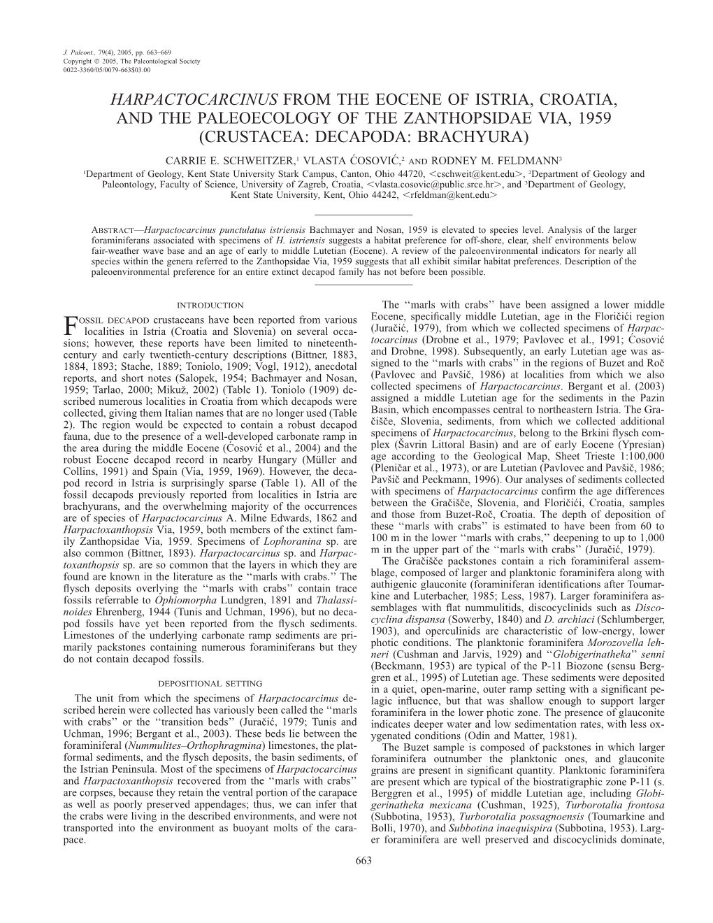 Harpactocarcinus from the Eocene of Istria, Croatia, and the Paleoecology of the Zanthopsidae Via, 1959 (Crustacea: Decapoda: Brachyura)