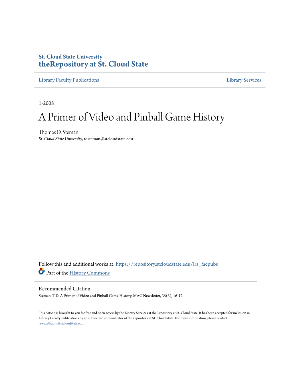 A Primer of Video and Pinball Game History Thomas D