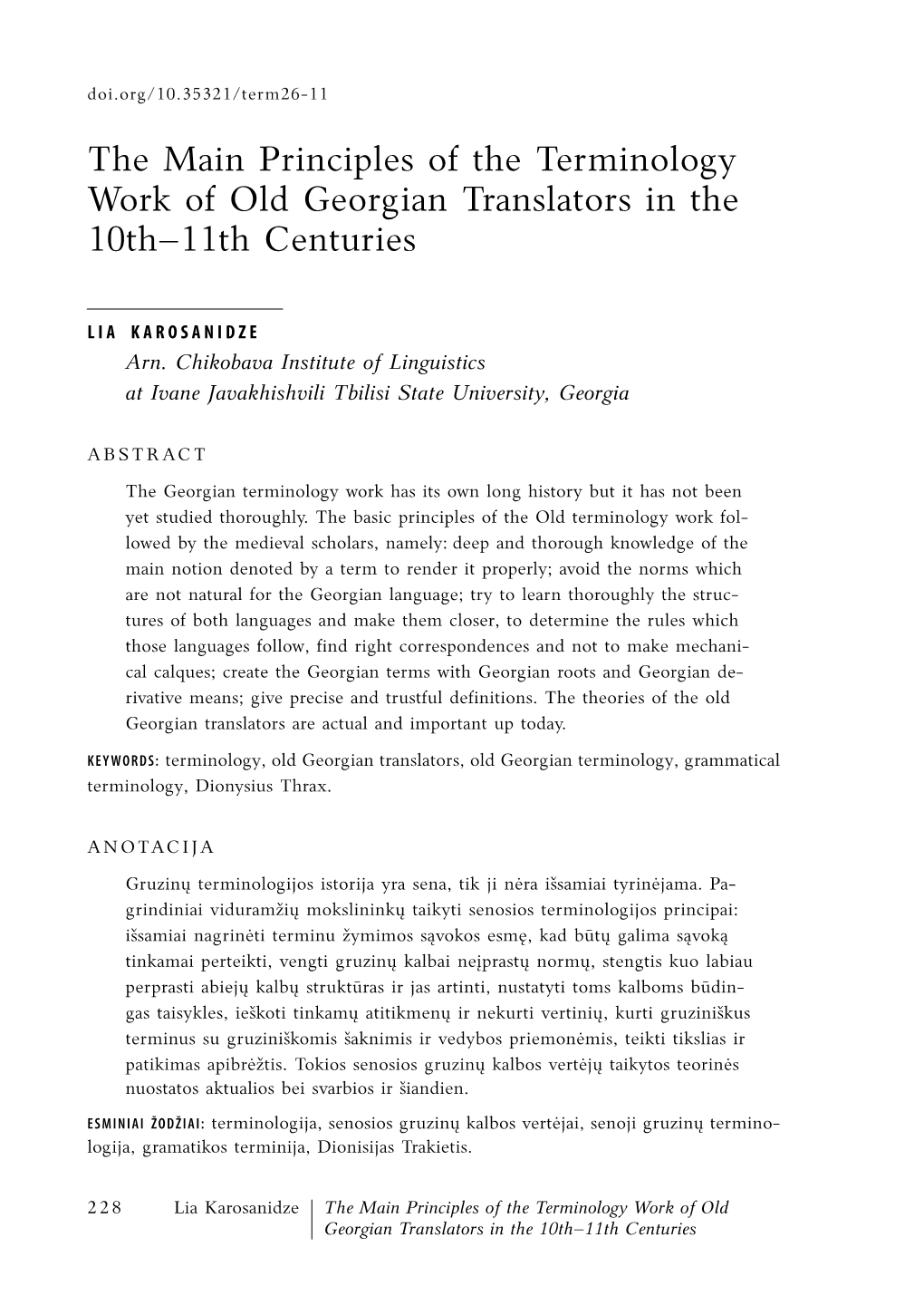 The Main Principles of the Terminology Work of Old Georgian Translators in the 10Th–11Th Centuries