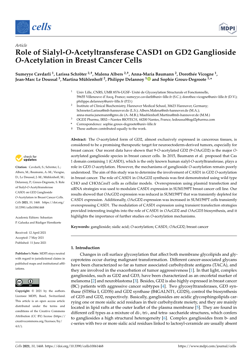 Role of Sialyl-O-Acetyltransferase CASD1 on GD2 Ganglioside O-Acetylation in Breast Cancer Cells
