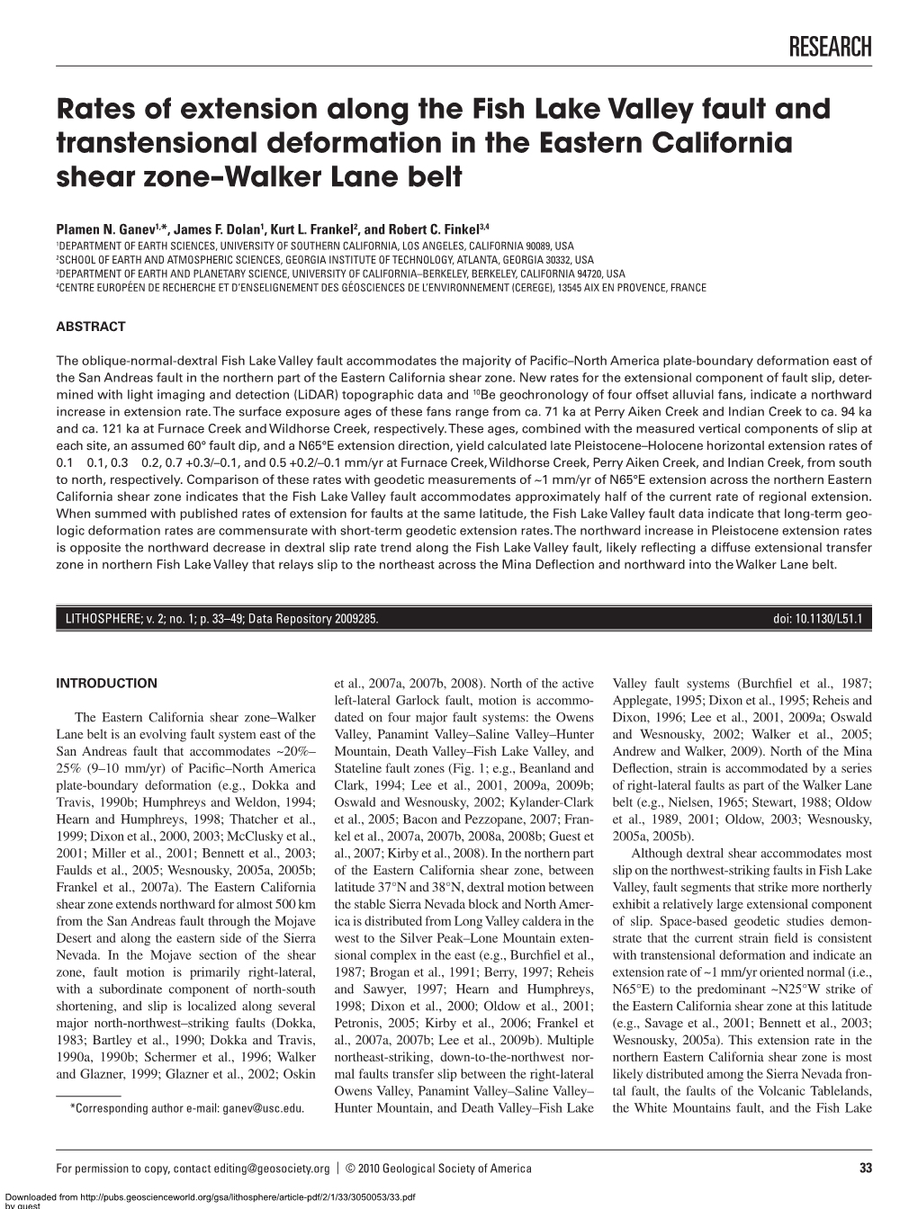 RESEARCH Rates of Extension Along the Fish Lake Valley Fault And