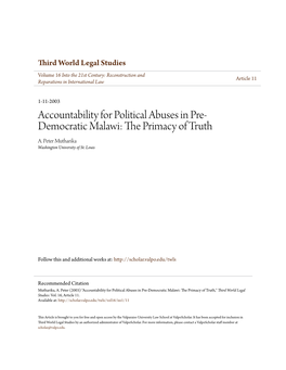 Accountability for Political Abuses in Pre-Democratic Malawi: the Rp Imacy of Truth," Third World Legal Studies: Vol