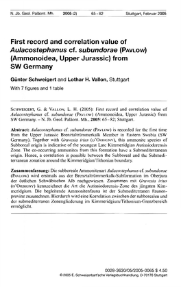 First Record and Correlation Value of Aulacostephanus Cf. Subundorae (PAVLOW) (Ammonoidea, Upper Jurassic) from SW Germany
