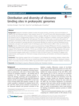 Distribution and Diversity of Ribosome Binding Sites in Prokaryotic Genomes Damilola Omotajo1, Travis Tate1, Hyuk Cho2 and Madhusudan Choudhary1*