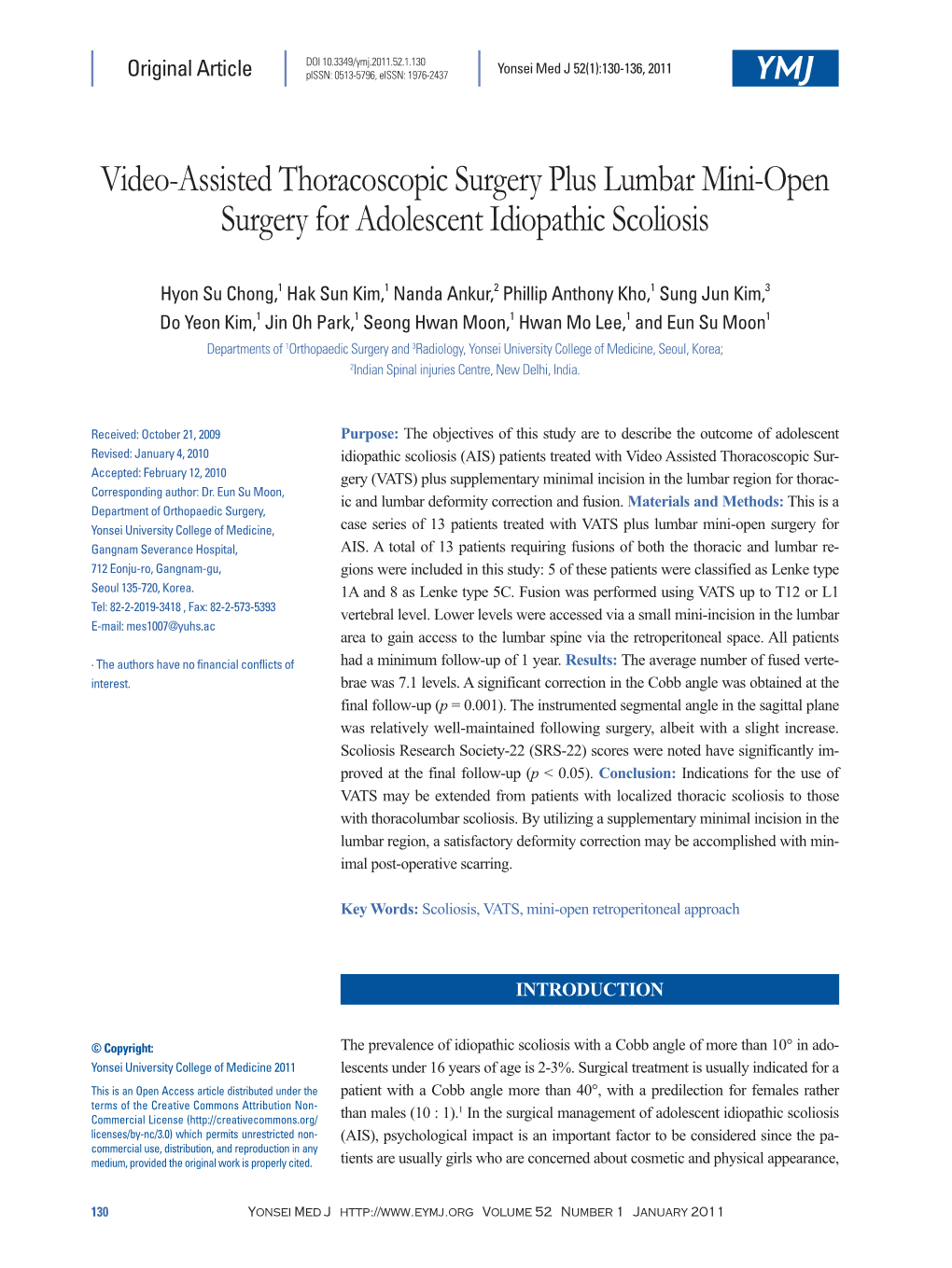 Video-Assisted Thoracoscopic Surgery Plus Lumbar Mini-Open Surgery for Adolescent Idiopathic Scoliosis