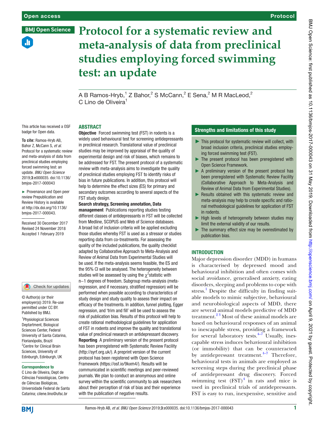 Protocol for a Systematic Review and Meta-Analysis of Data from Preclinical Studies Employing Forced Swimming Test: an Update