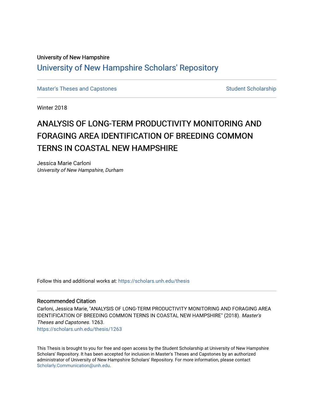 Analysis of Long-Term Productivity Monitoring and Foraging Area Identification of Breeding Common Terns in Coastal New Hampshire