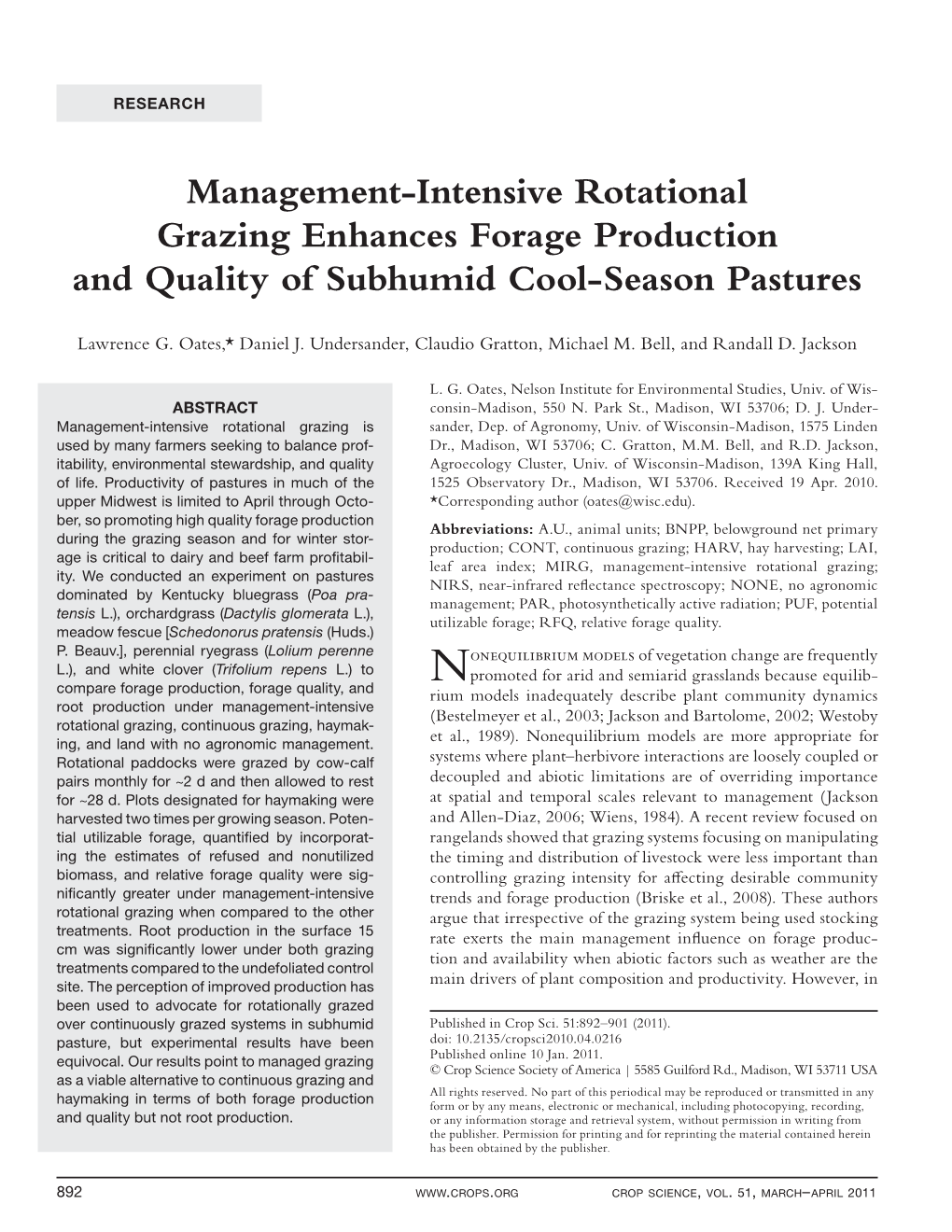 Management-Intensive Rotational Grazing Enhances Forage Production and Quality of Subhumid Cool-Season Pastures