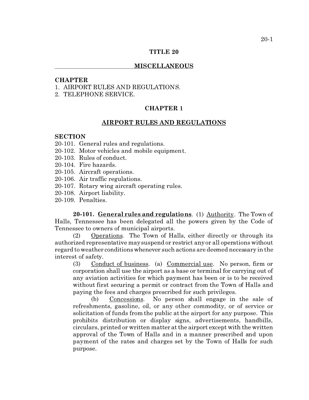 20-1 Title 20 Miscellaneous Chapter 1. Airport Rules