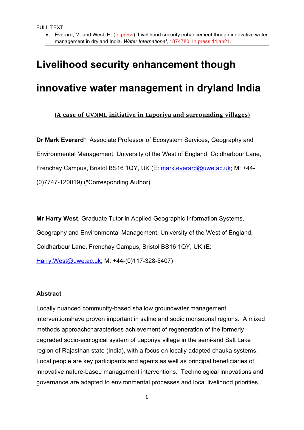 Livelihood Security Enhancement Though Innovative Water Management in Dryland India