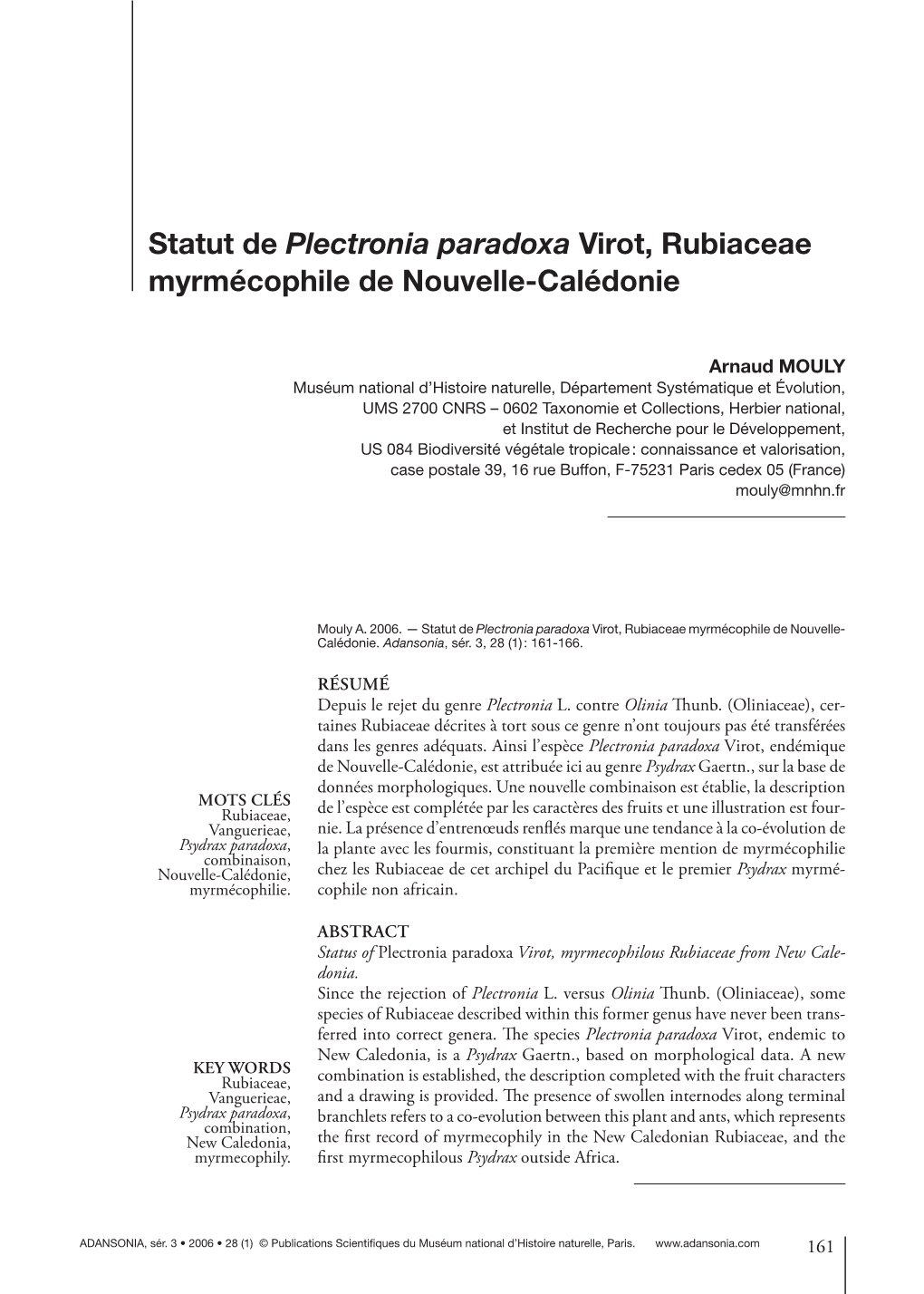 Statut De Plectronia Paradoxa Virot, Rubiaceae Myrmécophile De Nouvelle-Calédonie